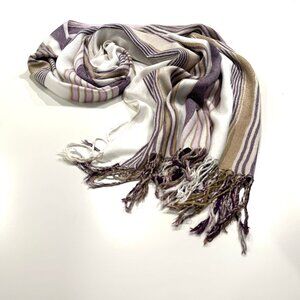 Eddie Bauer Scarf in White, Purples, and Tan with Fringe 24 x 71 inches
